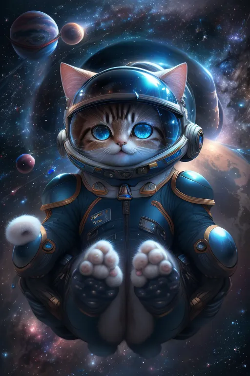 Gambar ini menunjukkan seekor kucing astronot yang melayang di luar angkasa. Kucing itu mengenakan ruang angkasa berwarna biru dan putih dengan helm kaca bening. Ia menyilangkan cakarnya di depan dan menatap ke arah kamera. Terdapat bintang-bintang, planet-planet, dan bulan di latar belakang. Kucing itu dikelilingi oleh nebula yang berwarna-warni.