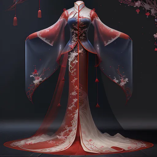 The image is of a red and blue Chinese wedding dress. The dress has a high collar and long, wide sleeves. The skirt is full and flows to the ground. The dress is decorated with intricate embroidery and beading.