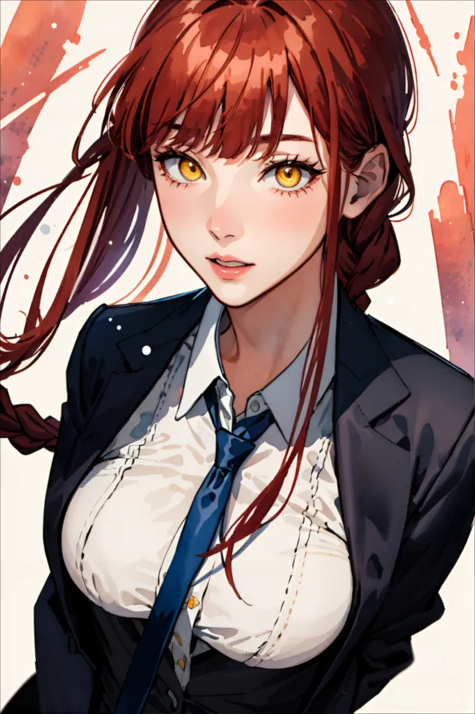 This is an image of a young woman with long red hair. She is wearing a white dress shirt and a black suit jacket. The shirt is unbuttoned at the collar, and she is wearing a blue necktie. She has a confident expression on her face, and she is looking at the viewer with her golden eyes. Her hair is styled in a long braid that hangs over her shoulder. She is also wearing dark eyeshadow and red lipstick.