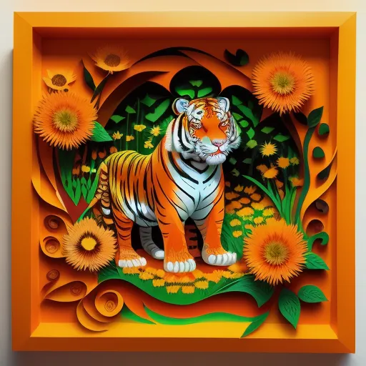 La imagen es un corte de papel 3D de un tigre de pie en un campo de flores. El tigre es el foco principal de la imagen y se representa con gran detalle. Las flores también están muy detalladas y le dan una sensación de profundidad y realismo a la imagen. La imagen se establece contra un fondo naranja sólido, lo que hace que el tigre y las flores resalten. El efecto general es de belleza y elegancia.