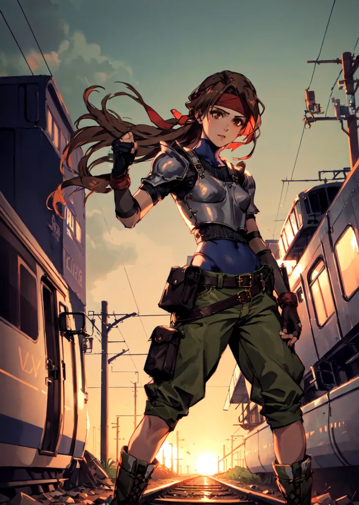 This is an image of a young woman standing on a railroad track. She is wearing a green shirt, brown pants, and a red headband. She has long brown hair that is blowing in the wind. She is also wearing a sword on her back. In the background, there is a train station with a train. The sun is setting in the background.