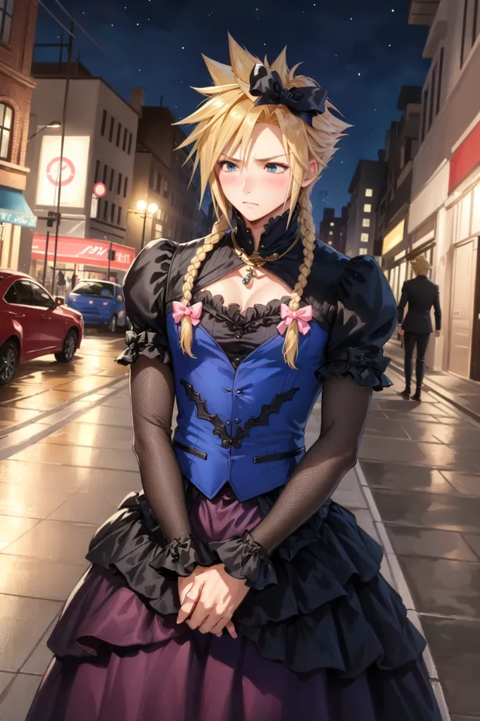 The image is of a young woman with spiky blond hair and blue eyes. She is wearing a blue vest with a white collar and a black skirt. The vest has a bat-like design on the front. She is also wearing black gloves and a black choker. There is a large black bow in her hair. She is standing on a city street at night. There are cars parked on the street and a man walking in the background. The woman is looking at the camera with a shy expression on her face.