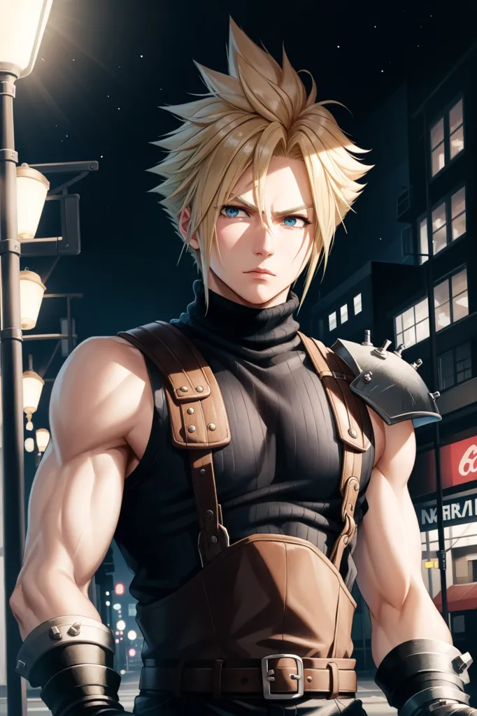 This is an image of a young man with spiky blond hair and blue eyes. He is wearing a black turtleneck shirt and brown leather suspenders. He also has a brown leather belt with a silver buckle. He is standing in a dark city street with a street lamp in the background. The man is looking at the viewer with a serious expression.