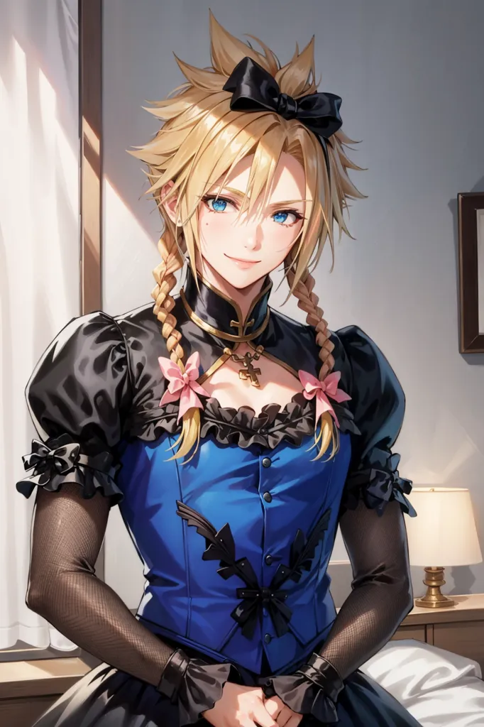 The image shows a young man with long blond hair and blue eyes. He is wearing a blue vest with a white collar and black sleeves. There is a black bow in his hair and pink bows on his collar. He is sitting on a bed with a white sheet and there is a lamp on the nightstand behind him.