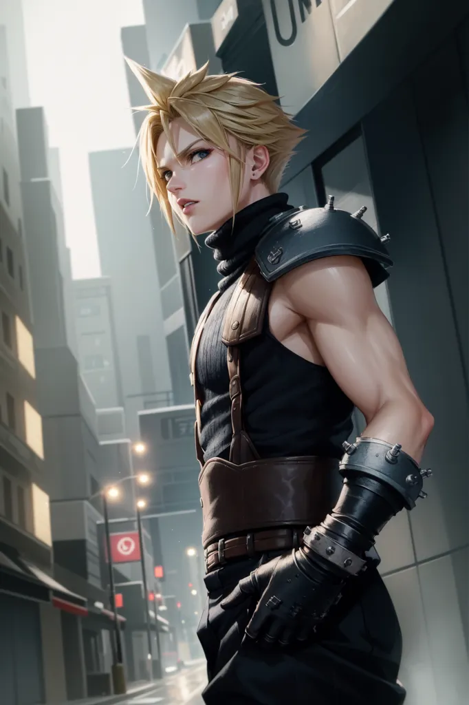 The image shows a young man with spiky blond hair and blue eyes. He is wearing a black sleeveless shirt with a high collar and brown pants. He also has a brown belt with a silver buckle and a silver bracelet on his left wrist. He is standing in a city street with tall buildings on either side. The street is lit by streetlights. The man is looking to the left of the frame. He has a confident expression on his face.