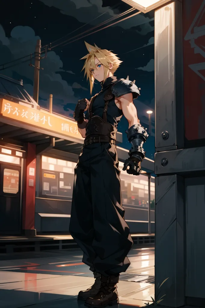 The image shows a young man standing in a train station. He is wearing a black jacket and pants, and has a sword on his back. He is looking to the right of the frame, with a serious expression on his face. The background is a train station, with a train on the tracks. The station is lit by a few lights. The image is in a realistic style, and the colors are muted.