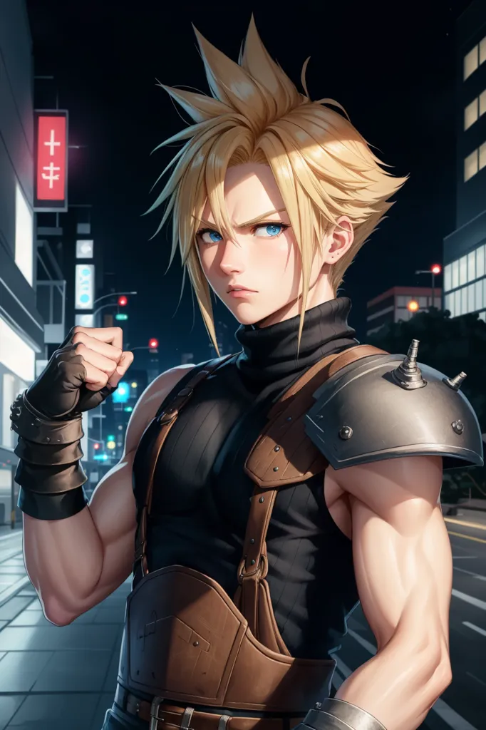 This is an image of a young man with spiky blond hair and blue eyes. He is wearing a black turtleneck shirt and a brown vest with shoulder pads. He has a gauntlet on his right hand and is making a fist with his left hand. He is standing in a dark city street with a red sign in the background.