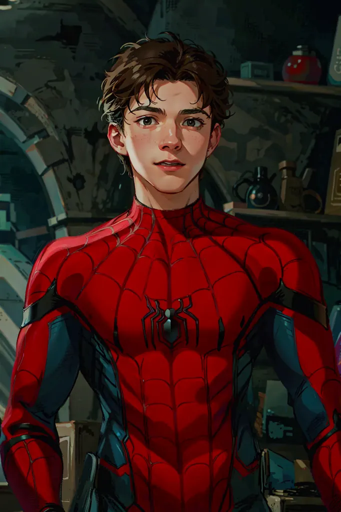 Gambar ini adalah lukisan digital Spider-Man, seorang superhero dari Marvel Comics. Dia digambarkan sebagai seorang pria muda dengan rambut coklat dan mata coklat, mengenakan kostum Spider-Man klasik berwarna merah dan biru. Dia berdiri di ruangan gelap, dengan ekspresi yang penuh tekad di wajahnya. Lukisan ini dibuat dengan gaya realistis, dan seniman telah memperhatikan detail dengan saksama. Pencahayaannya dramatis, dan warnanya cerah. Efek keseluruhan adalah rasa semangat dan antisipasi.