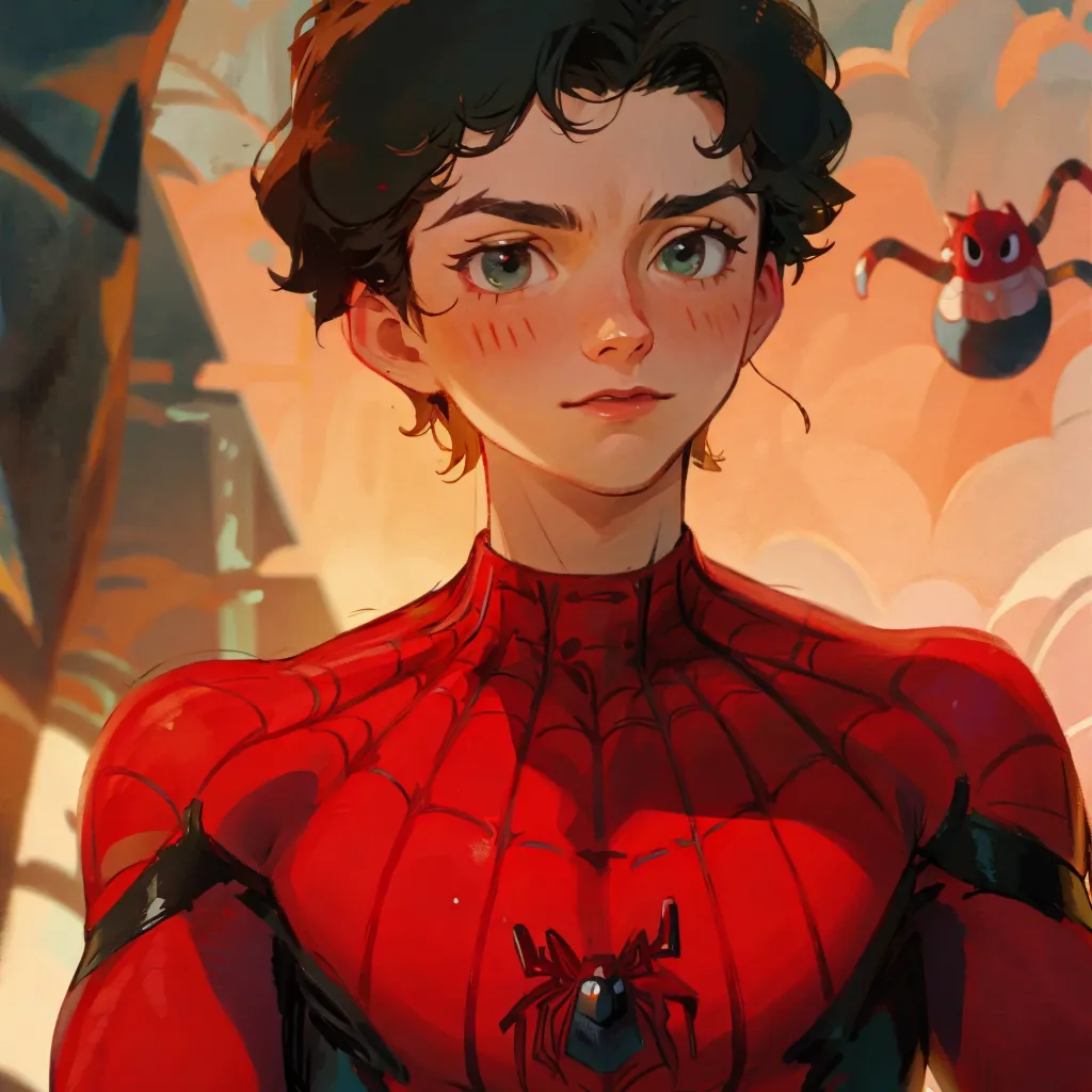 La imagen es una pintura de un hombre joven con un traje de Spider-Man. Tiene el cabello oscuro y ojos verdes, y mira al espectador con una expresión ligeramente preocupada. Lleva un traje rojo y azul de Spider-Man con un gran símbolo de araña en el pecho. Hay una pequeña criatura roja con rayas negras en su hombro. El fondo es un borrón de luz de color naranja y amarillo.