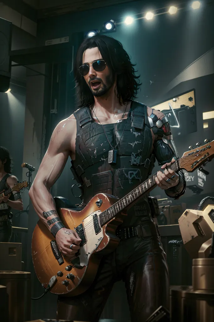 The image shows a man playing the guitar. He has long brown hair, a beard, and sunglasses. He is wearing a black vest, a black shirt, and a lot of belts and chains. He has a tattoo on his left arm and a cybernetic implant on his right arm. He is standing in a dark room with spotlights shining on him. There is another person in the background also playing the guitar.