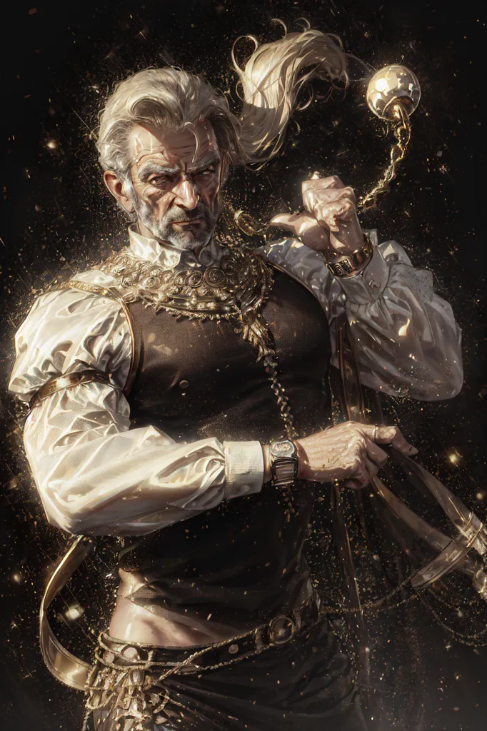 The image shows a man with long white hair and a beard. He is wearing a black and gold outfit with a white shirt. He has a golden necklace, a golden bracelet, and a golden watch. He is holding a golden staff with a golden ball on the end. He has a serious look on his face. There are golden particles floating around him.