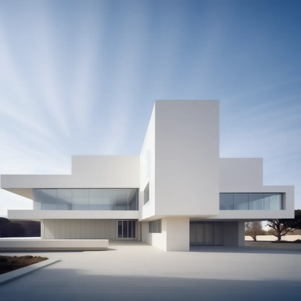 The image is of a modern house with a white exterior. The house is surrounded by a large patio with a long reflecting pool. There are large glass windows throughout the house. The house has a very modern and minimalist look.