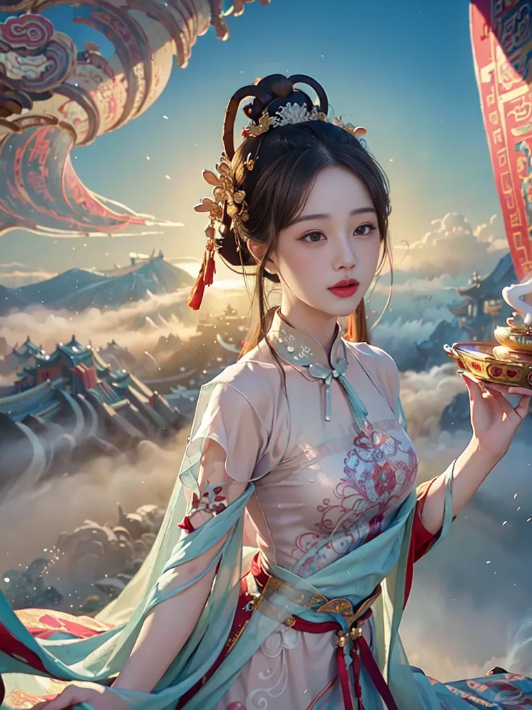 The image is a painting of a beautiful Chinese woman. She is wearing a traditional Chinese dress and has her hair in a bun. She is holding a cup of tea in her right hand. The background is a Chinese landscape with mountains, clouds, and a palace.