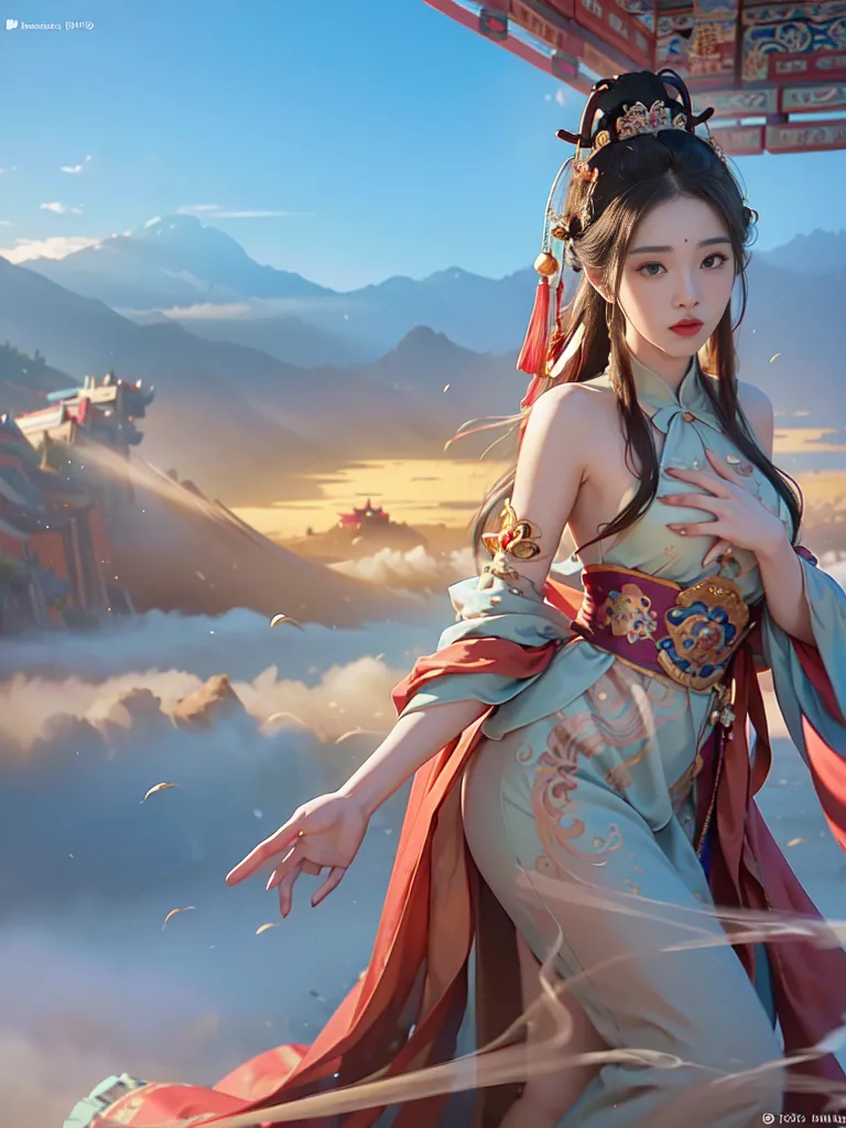 The image is a painting of a beautiful woman in a Chinese dress. She is standing on a balcony, with a beautiful landscape of mountains and clouds behind her. The woman is wearing a pale blue and red dress with a white sash and a long red scarf. She has long black hair and is wearing a traditional Chinese headdress. She is looking at the view with a serene expression on her face.