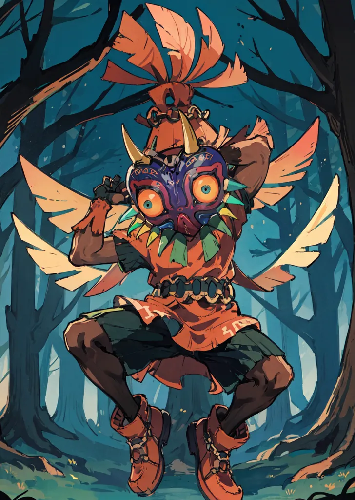 The image shows Link, the protagonist of the Legend of Zelda series, wearing the Majora's Mask. He is standing in a forest, surrounded by trees. He is wearing a green tunic, brown boots, and a red hat. The Majora's Mask is a powerful artifact that gives Link the ability to transform into different forms. In this image, Link is using the mask to transform into a Deku Scrub, a small, plant-like creature.  The Deku Scrub has a large, leafy head and a long, vine-like body. It can use its leaves to attack enemies and to climb trees. Link is using the Deku Scrub's abilities to explore the forest and to find a way to defeat the evil Skull Kid, who has stolen the Majora's Mask.