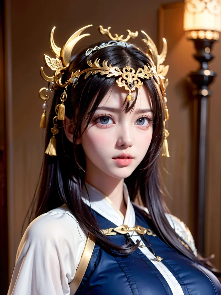 A imagem mostra uma jovem mulher com cabelos pretos longos e olhos azuis. Ela está usando um tradicional chapéu chinês com um grampo de cabelo de fênix dourado e azul, e um hanfu branco e azul com detalhes dourados. O fundo é uma imagem desfocada de um pátio chinês com uma lâmpada.