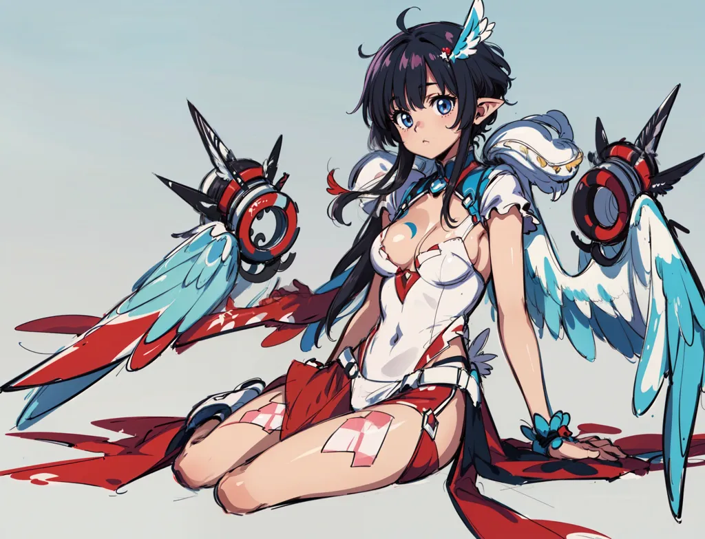 This is an image of an anime girl with blue hair and blue eyes. She is wearing a white and red outfit. She has a pair of wings made of metal and feathers. She is sitting in a kneeling position.