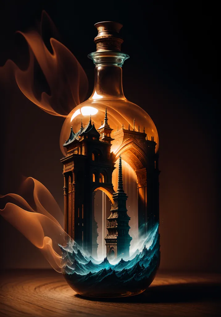 The image is a digital painting of a glass bottle containing a cityscape. The bottle is sitting on a wooden table. Inside the bottle, there is a city with tall buildings and a large archway. The city is lit by a bright light, and there is a blue liquid at the bottom of the bottle. The image is very detailed, and the artist has used a variety of techniques to create a realistic and immersive scene.