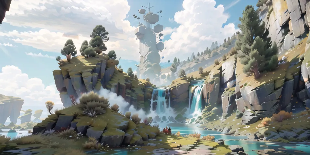 The image is of a landscape with a waterfall. The waterfall is in the center of the image, and it is surrounded by cliffs. The cliffs are covered in moss, grass, and trees. There is a river in front of the waterfall, and a large body of water behind it. The sky is blue, and there are clouds in the sky. There are two large trees on the left side of the image, and there are some smaller trees and bushes on the right side. There is a path leading from the river to the waterfall.