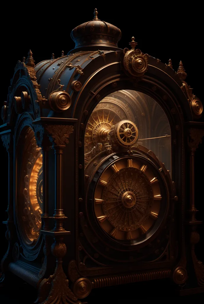 The image is a 3D rendering of a steampunk clock. The clock is made of metal and has a large gear on the front. There are smaller gears and cogs inside the clock, which are visible through a glass window. The clock is mounted on a wooden base and has a golden pendulum.