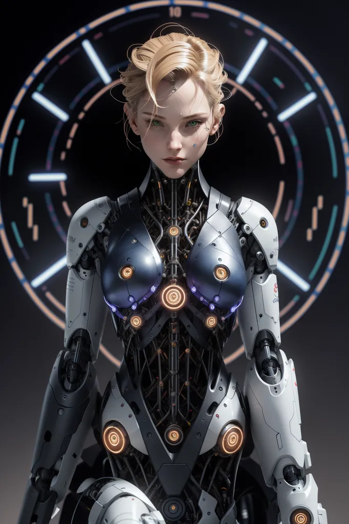 The image is a digital painting of a female cyborg. She has blonde hair, green eyes, and a fair complexion. Her body is mostly covered in a white and gray bodysuit, with some metallic parts showing through. She is also wearing a pair of black boots. The background is a dark blue color, with a glowing white circle in the center. The cyborg is standing in front of the circle, and she is looking at the viewer with a serious expression.