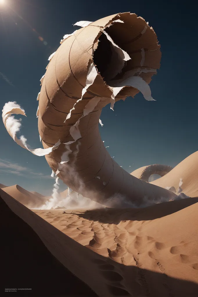 The image shows a large, segmented, worm-like creature made of cardboard. It is moving through a desert landscape, and its body is being shredded by the wind. The creature is leaving a trail of paper scraps in its wake.