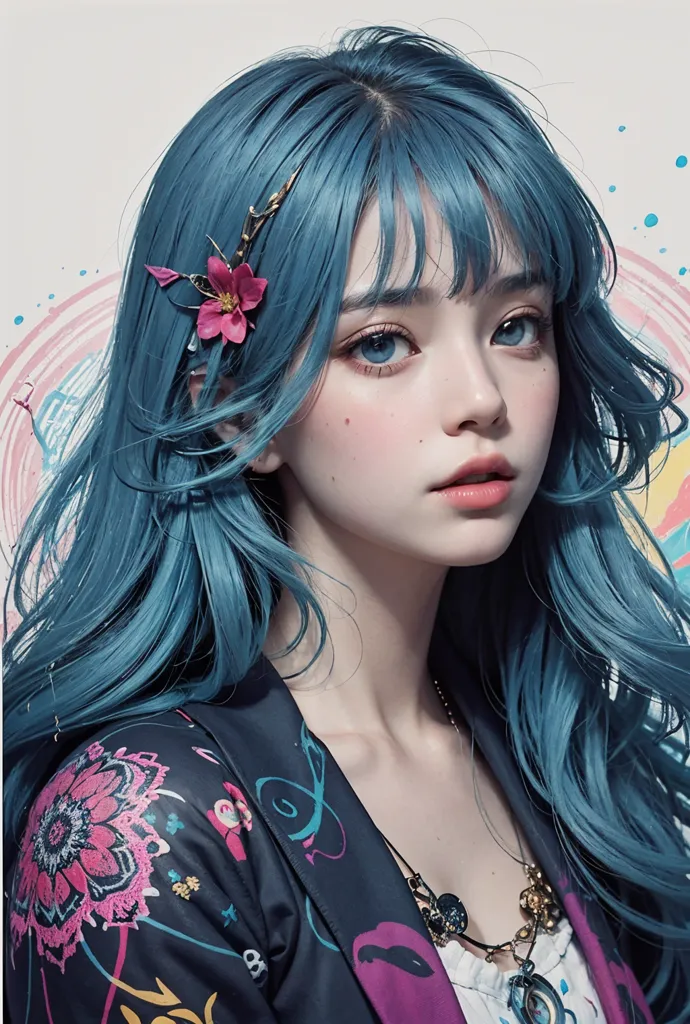 The image is a portrait of a young woman with blue hair and blue eyes. She is wearing a black jacket with colorful floral patterns and a white shirt. Her hair is long and flowing, and she has a pink flower in her hair. She is looking at the viewer with a slightly tersenyum. The background is a light blue color, with a few splashes of other colors.