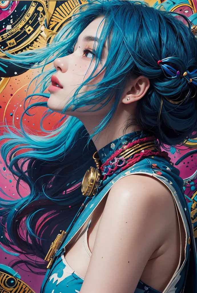 This is an image of a woman with blue hair. She is wearing a white tank top and has a lot of jewelry on. She is looking to the right of the frame and has a serene look on her face. The background is a colorful abstract painting.