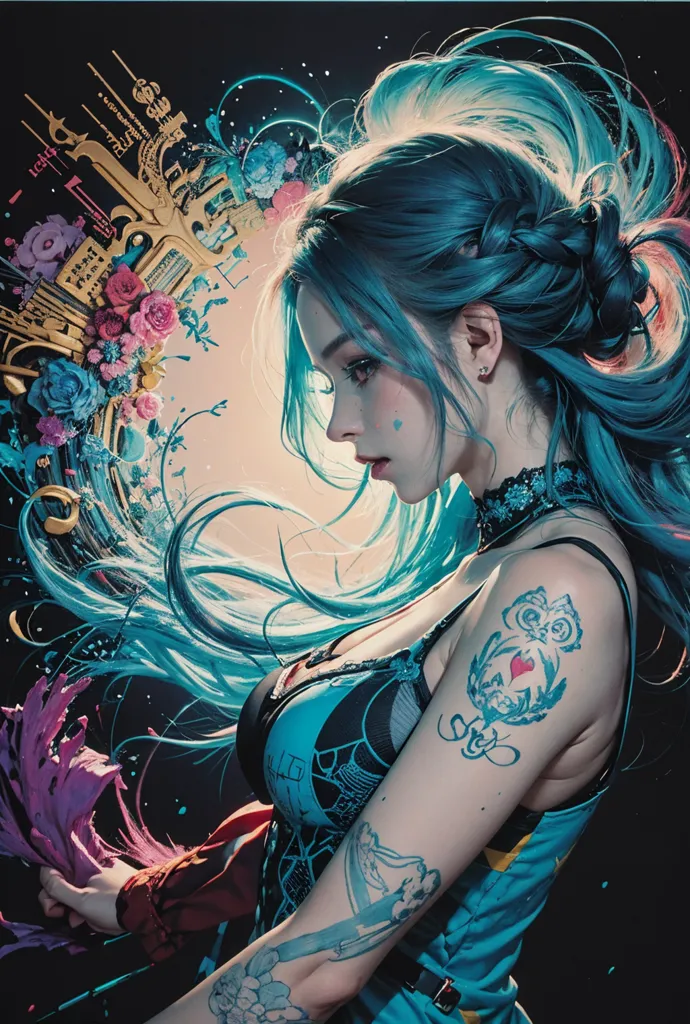 The picture shows a woman with long blue hair. She is wearing a blue and black outfit. She has a tattoo on her right arm. There are flowers and a clock in the background.