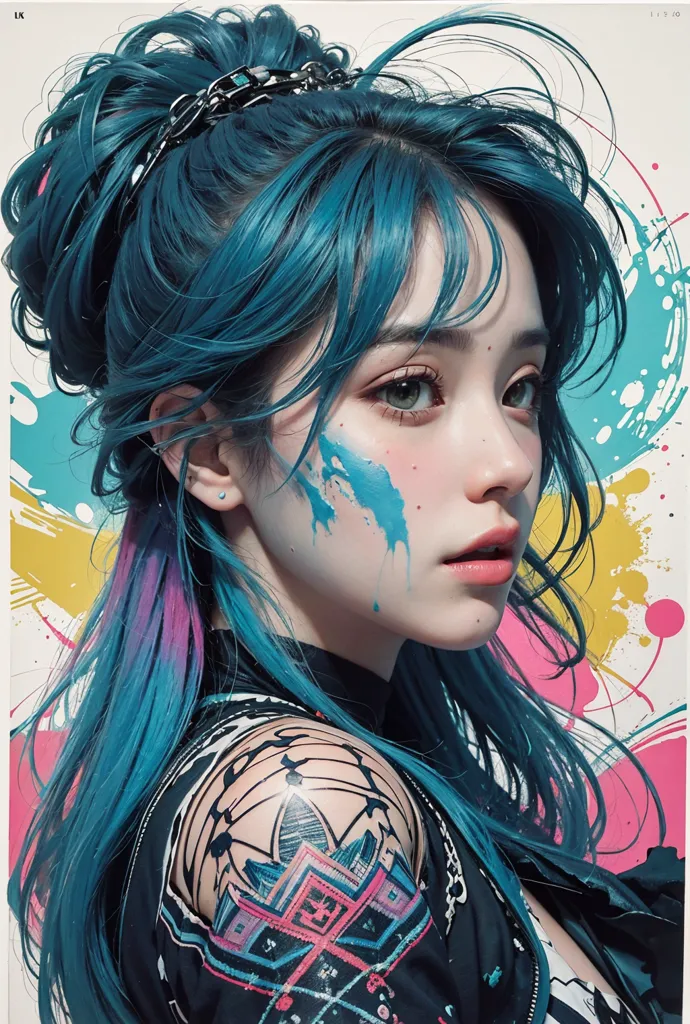 Esta é uma imagem de uma mulher jovem com cabelo azul. Ela está usando um casaco preto e tem uma tatuagem no ombro. Seu rosto está pintado de azul e rosa. Ela tem olhos verdes e está olhando para o observador com a cabeça ligeiramente inclinada para baixo em um ângulo. O fundo é branco com respingos de tinta colorida.