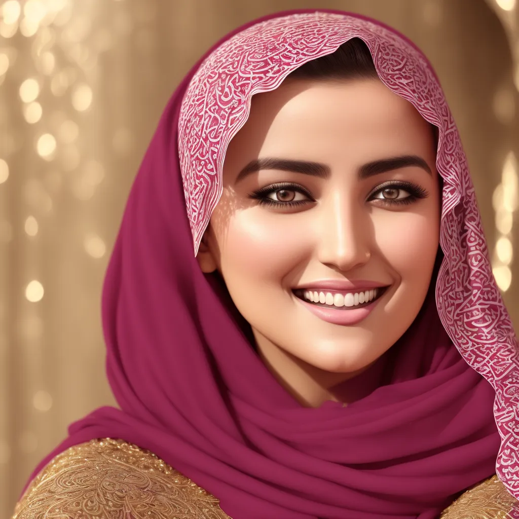 The image shows a young woman wearing a pink hijab with golden decorations. The hijab covers her head and neck, but her face is visible. She has a warm smile on her face and is looking at the camera. Her eyes are dark brown and her skin is fair. She is wearing a gold necklace and matching earrings. The background is a soft, golden color.