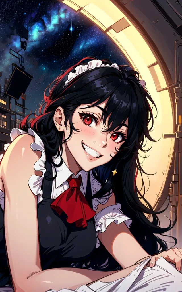 The image is a painting of a young woman with long black hair and red eyes. She is wearing a black and white maid outfit with a red bow. She has a friendly smile on her face and is looking at the viewer. The background is a starry night sky with a crescent moon. The painting is done in a realistic style and the colors are vibrant and saturated.