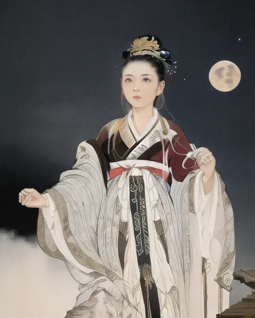 A imagem mostra uma jovem mulher vestindo um vestido tradicional chinês. Ela está em pé sobre uma ponte, com uma lua cheia ao fundo. A mulher usa um vestido branco e vermelho com uma saia longa e fluida. Ela tem um lenço branco enrolado em torno dos ombros. Seu cabelo é longo e preto, e ela usa um adereço de cabeça tradicional chinês. A mulher está olhando para baixo, para a água abaixo. Ela tem uma expressão serena no rosto. A imagem é muito pacífica e tranquilizadora.