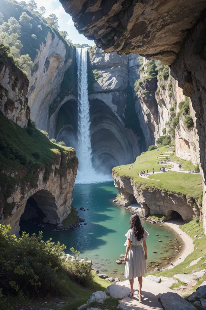 A imagem é de uma cachoeira em uma caverna. A cachoeira é cercada por altas falésias e vegetação exuberante. Um rio flui da caverna e entra em uma piscina de água. Uma mulher vestida de branco está de pé na borda da piscina, olhando para a cachoeira. Há algumas pessoas caminhando pelas passarelas construídas ao longo da falésia. A caverna é iluminada pelo sol, que brilha através da abertura no teto da caverna.