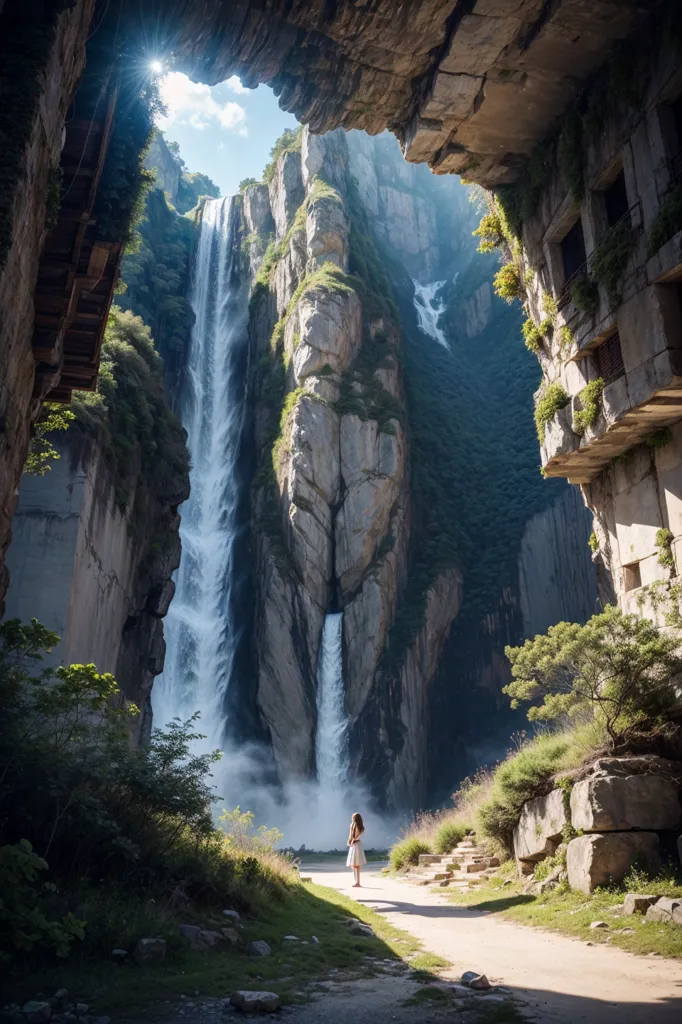 The image is of a waterfall in a canyon. The waterfall is very tall and narrow, and the canyon walls are very steep. The water is white and foamy, and it crashes down into the pool below. The canyon is surrounded by lush green vegetation, and there is a small waterfall on the left side of the image. A woman in a white dress is standing in the middle of the canyon, looking up at the waterfall. There is a stone building to the right of the woman. The image is very beautiful and serene, and it captures the power and beauty of nature.