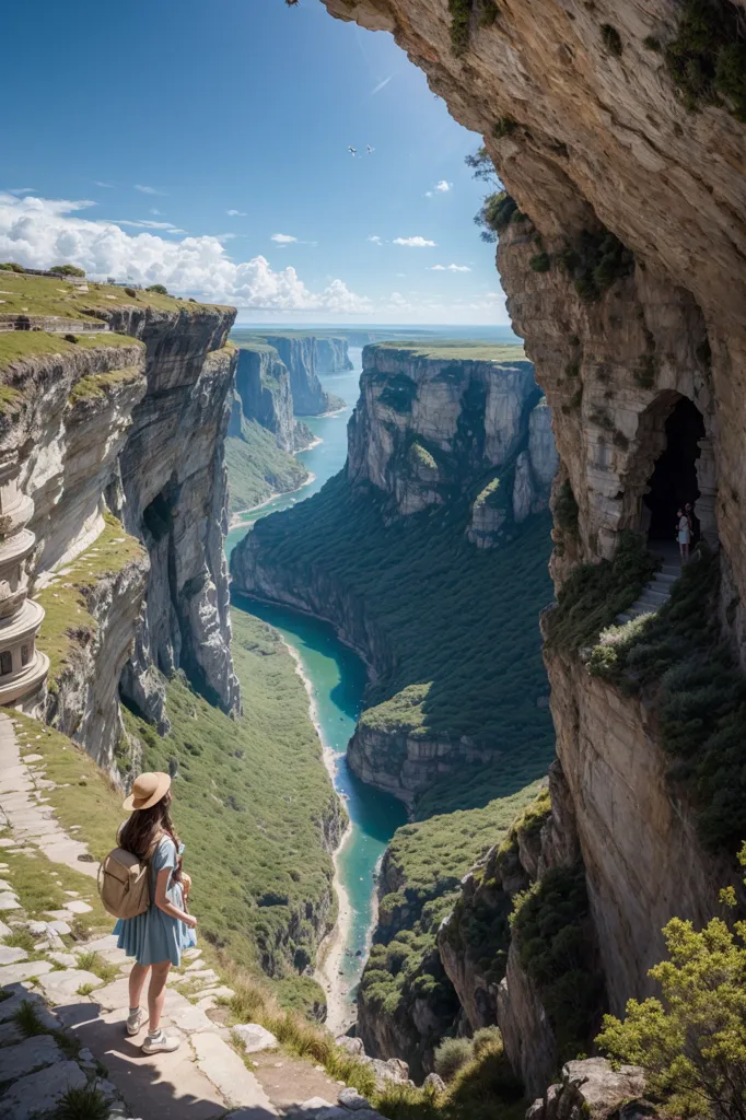 La imagen muestra a una mujer de pie en un sendero junto a un acantilado, mirando hacia abajo a un profundo cañón. El cañón está lleno de un río y hay acantilados escarpados a ambos lados. La mujer lleva un vestido azul y un sombrero, y tiene una mochila en la espalda. Está mirando el paisaje y parece estar disfrutando de la experiencia. La imagen está tomada desde una perspectiva ligeramente elevada, lo que le da al espectador una sensación de la altura del acantilado y la profundidad del cañón. La imagen también es muy colorida, y los colores brillantes del cielo, los acantilados y el río la hacen muy visualmente atractiva.