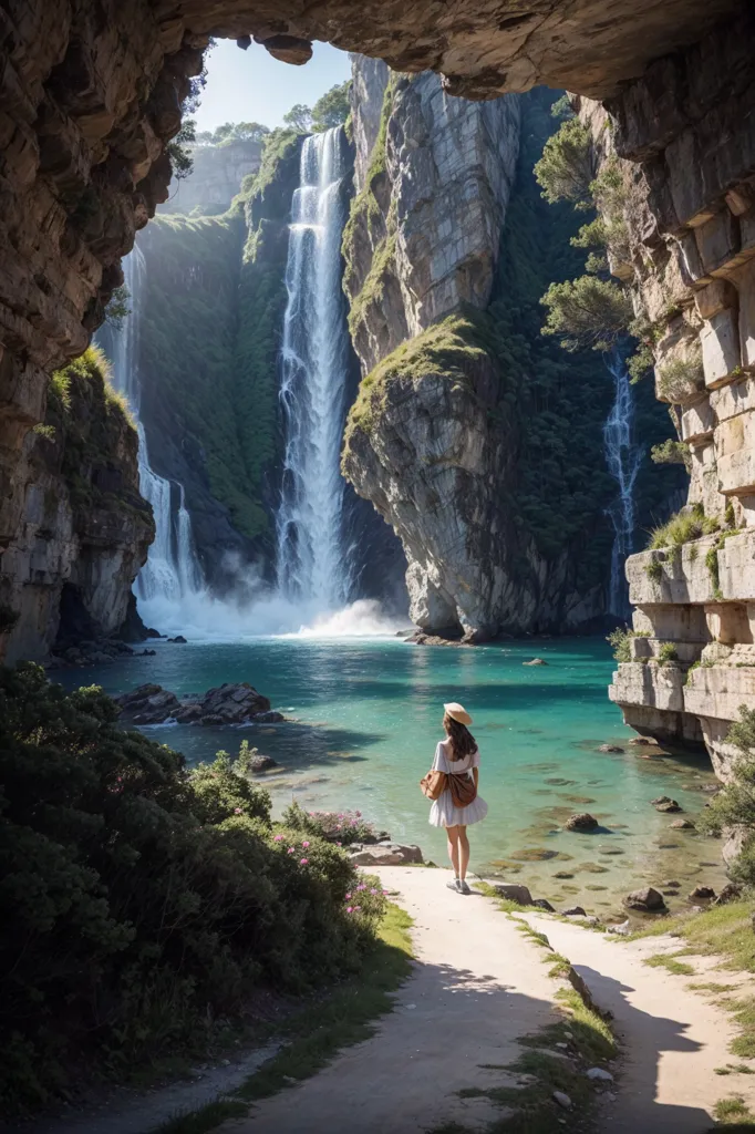 La imagen es de una cascada en un cañón. La cascada se precipita por un acantilado empinado hacia un estanque de agua azul. El agua del estanque es de cristal y refleja el cielo azul de arriba. Las paredes del cañón están hechas de roca escarpada y están cubiertas de exuberante vegetación verde. Hay una pequeña cueva en el lado izquierdo de la imagen donde una mujer con un vestido blanco está de pie. La mujer está mirando la cascada. Lleva un sombrero para protegerse del sol. La imagen es muy pacífica y serena.