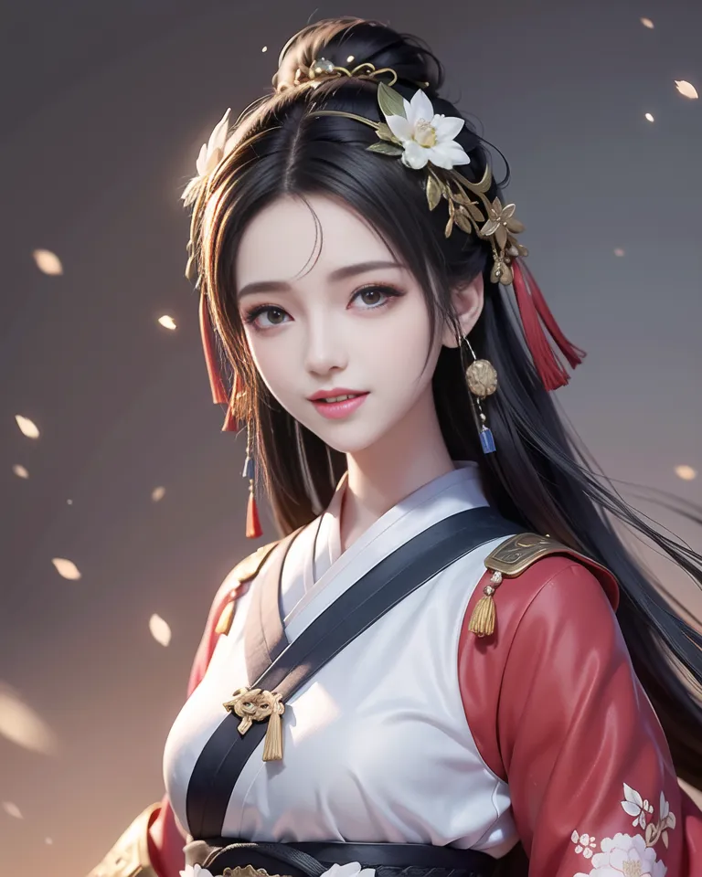 The image shows a beautiful young woman with long black hair and brown eyes. She is wearing a traditional Chinese dress with a red and white outer robe and a white inner robe. The dress is decorated with gold and silver trim. The woman's hair is styled in a bun with a white flower and gold hairpiece. She is also wearing earrings and a necklace. The woman is standing in front of a dark background with a soft light shining on her.