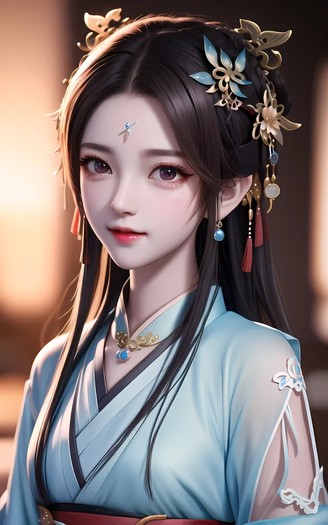 The image shows a young woman with long black hair and brown eyes. She is wearing a blue and white dress with a red sash. Her hair is styled in an elaborate updo with a number of hair accessories. She is also wearing a necklace and earrings. The background is blurry and looks like a traditional Chinese painting.