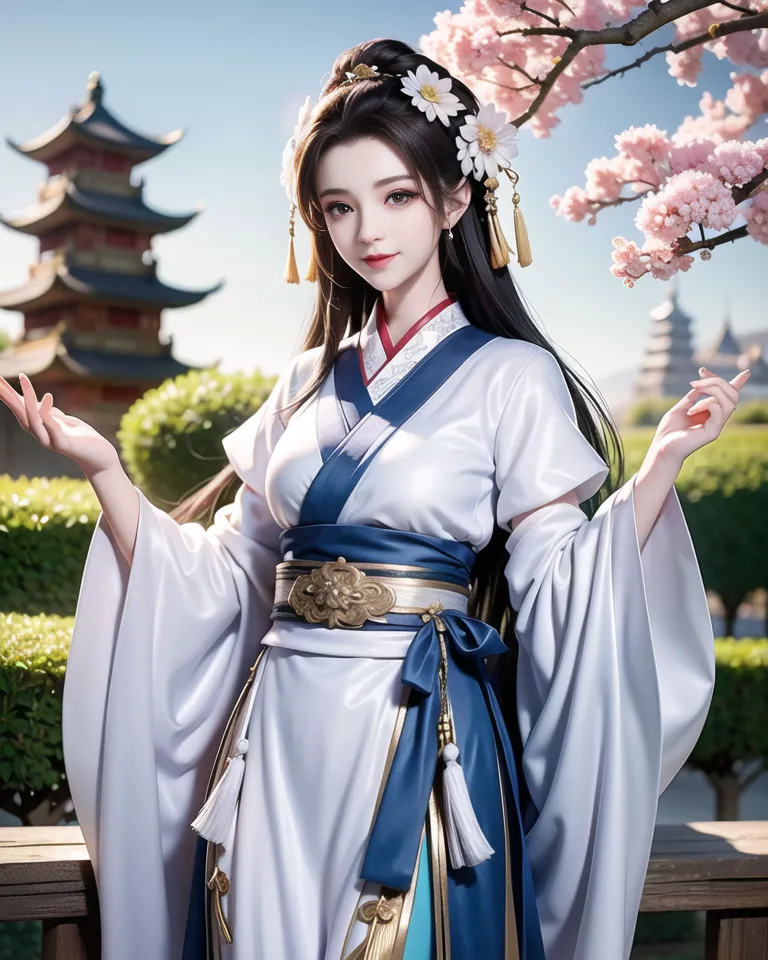 The image shows a beautiful young woman standing in a garden. She is wearing a traditional Chinese dress called a hanfu. The dress is white and blue with intricate gold and silver details. The woman has long black hair with white flowers in it. She is also wearing traditional Chinese makeup. The background of the image is a Chinese-style garden with a pagoda and cherry blossoms.