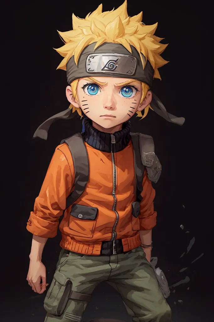 The image is of a young boy with spiky blond hair and blue eyes. He is wearing an orange jacket, blue pants, and a headband with a metal plate on it. The boy is standing in a fighting stance, with his left hand raised and his right hand at his side. He has a determined look on his face. The background is black with a few splashes of orange.