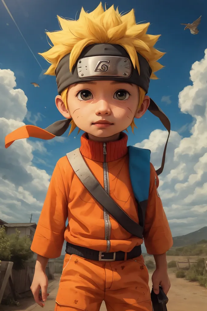 The image is of a young boy with spiky blond hair and blue eyes. He is wearing an orange jacket with a white collar and a blue backpack. He also has a black belt and a metal headband with a leaf symbol on it. He is standing in a field with a village in the background. There are clouds in the sky and two birds are flying in the top right corner. The boy has a determined look on his face.