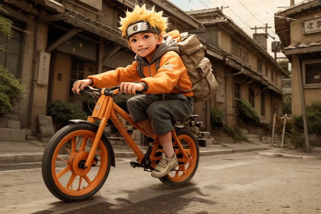 The image shows a young boy with spiky blond hair and blue eyes. He is wearing an orange jacket, blue pants, and a backpack. He is riding a bicycle down a street in a Japanese village. The buildings are made of wood and have tiled roofs. There are trees and plants on either side of the street. The boy is smiling and looks happy.