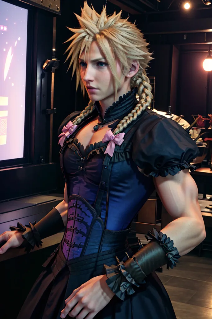The image shows a man with spiky blond hair and blue eyes wearing a black and blue dress. The dress has a corset top with pink bows and a pleated skirt. He is also wearing black boots and gloves. He is standing in a room with a dark background.