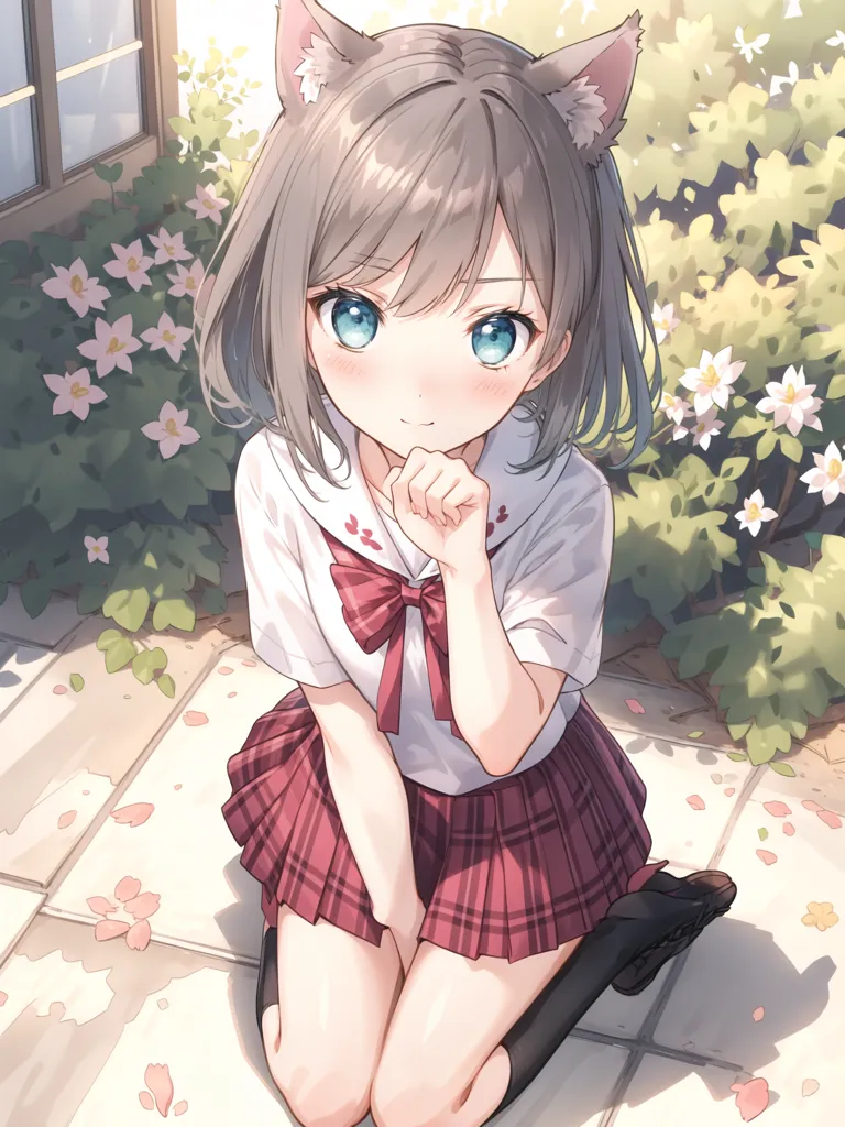 The image depicts a young girl with cat ears kneeling on the ground. She has short gray hair and blue eyes. She is wearing a white shirt with a red bow, a pleated skirt, and black boots. The girl is surrounded by flowers and plants. She has a shy expression on her face and is looking at the viewer with one hand on her chin.