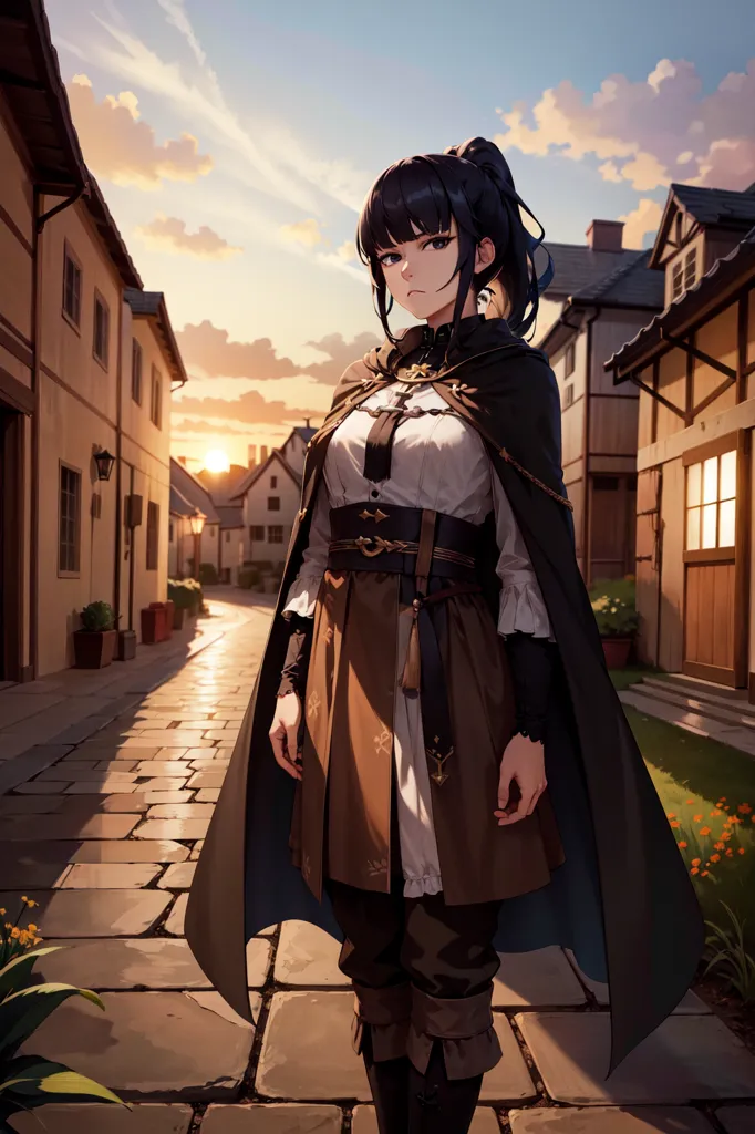 This is an image of a young woman standing in a European-style street. She is wearing a white blouse, brown skirt, and black cape. She has long black hair and purple eyes. The background is a street with buildings on both sides and a sunset sky.