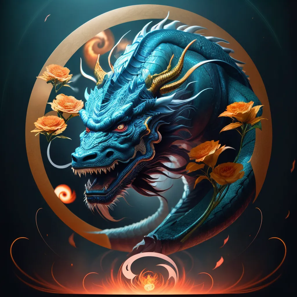 The image is a digital painting of a blue dragon. The dragon is depicted in a circular frame with orange flames at the bottom and yellow flowers on the left. The dragon has its mouth open and is looking to the left of the frame. It has long, flowing hair and a serpentine body. The dragon's scales are a deep blue color, and its eyes are a bright yellow. The background of the image is a dark blue color.