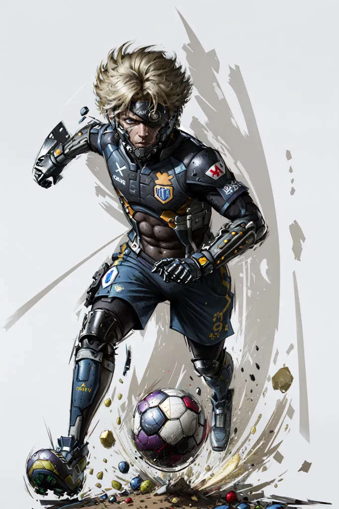 This is a picture of a person playing soccer. They are wearing a blue and black uniform with a white circle on the chest and the number nine on the leg. They have blond hair and a black eye patch. Their right arm and both legs are cybernetic. They are kicking a soccer ball with their right foot. The background is white with gray smears.