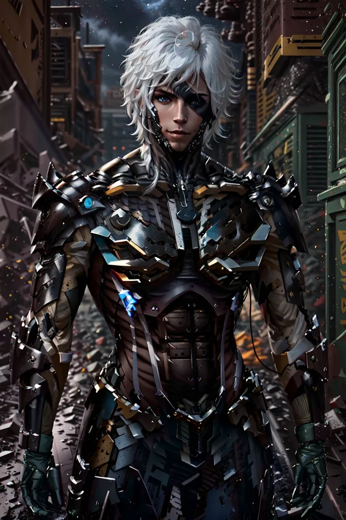 The image is of a young man with white hair and blue eyes. He is wearing a black and silver bodysuit with a lot of technological gadgets and weapons attached to his body. He has a sword in his right hand and a gun in his left hand. He is standing in a dark and destroyed city. There are ruins of buildings and debris everywhere. The sky is dark and cloudy. The man is looking at the camera with a determined expression on his face.