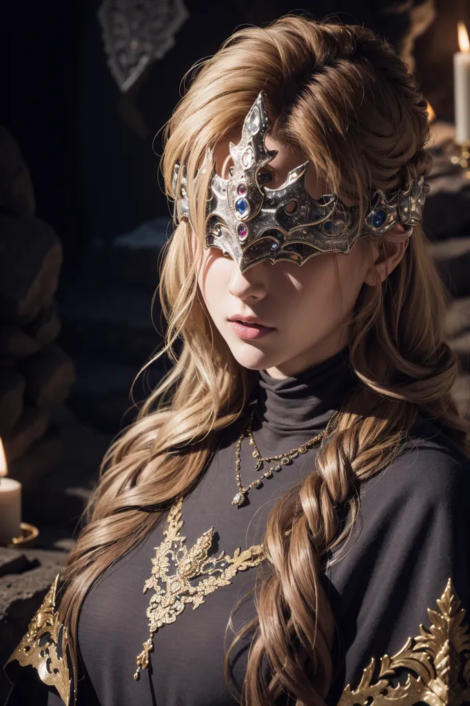 The image shows a woman wearing a silver mask with blue and red gems. The mask covers her eyes. She is wearing a black dress with gold trim. She has long blond hair and a necklace with a pendant. There are candles burning in the background.